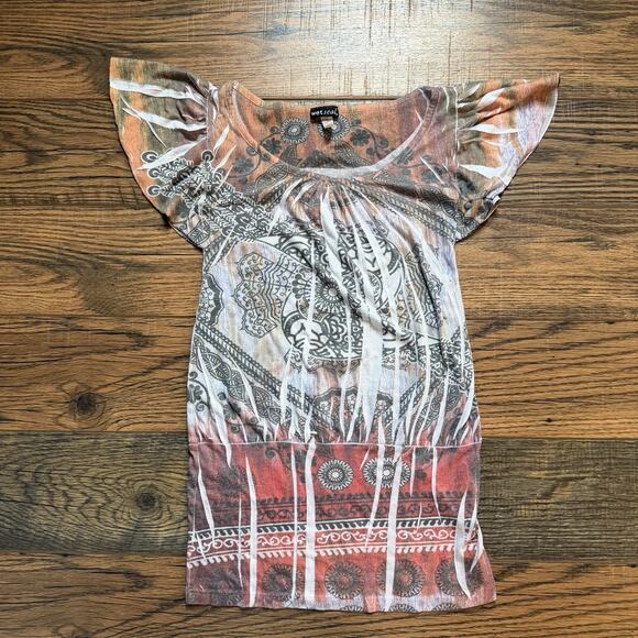 Wet Seal Y2K Boho Print Flutter Sleeve Tunic Top Burnout Sheer Retro Sz Small - Picture 1 of 7